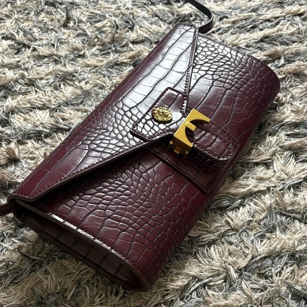Anne Klein Burgundy Croc-Embossed Clutch Removable Shoulder Strap